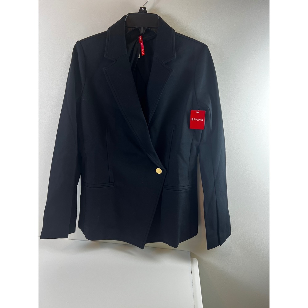 SPANX Perfect Asym Tailored Blazer Medium Black Gold Button Long Sleeve NWT